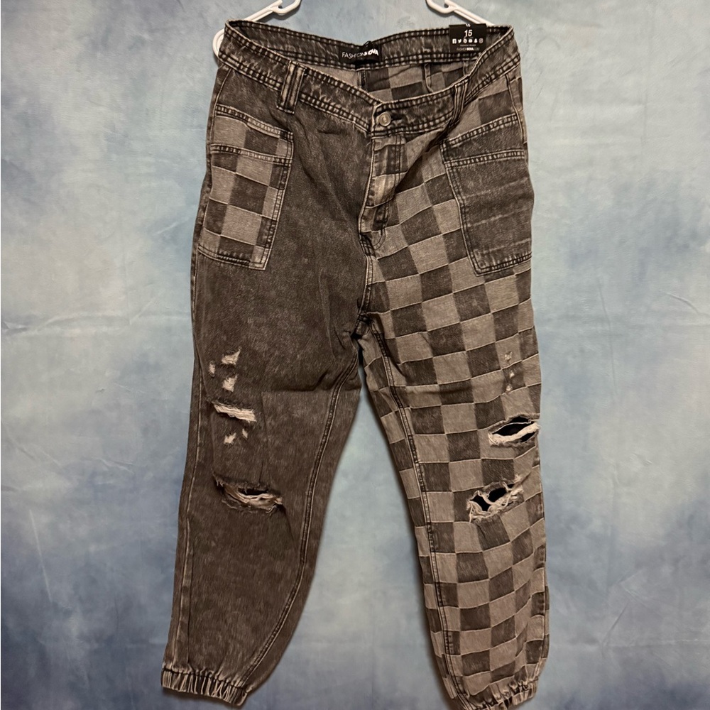 Fashion Nova Black and Gray Plaid Jeans